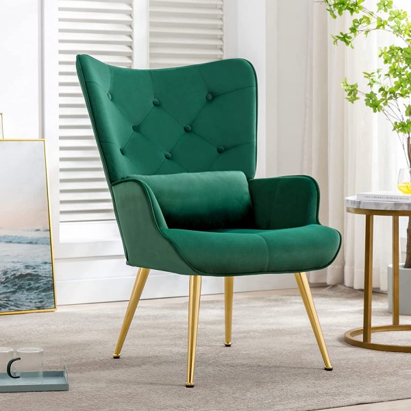 Accent Armchair with Golden Plated Metal Legs High Wingback Chair with Waist Pillow Design For Dining Living RoomsBedrooms